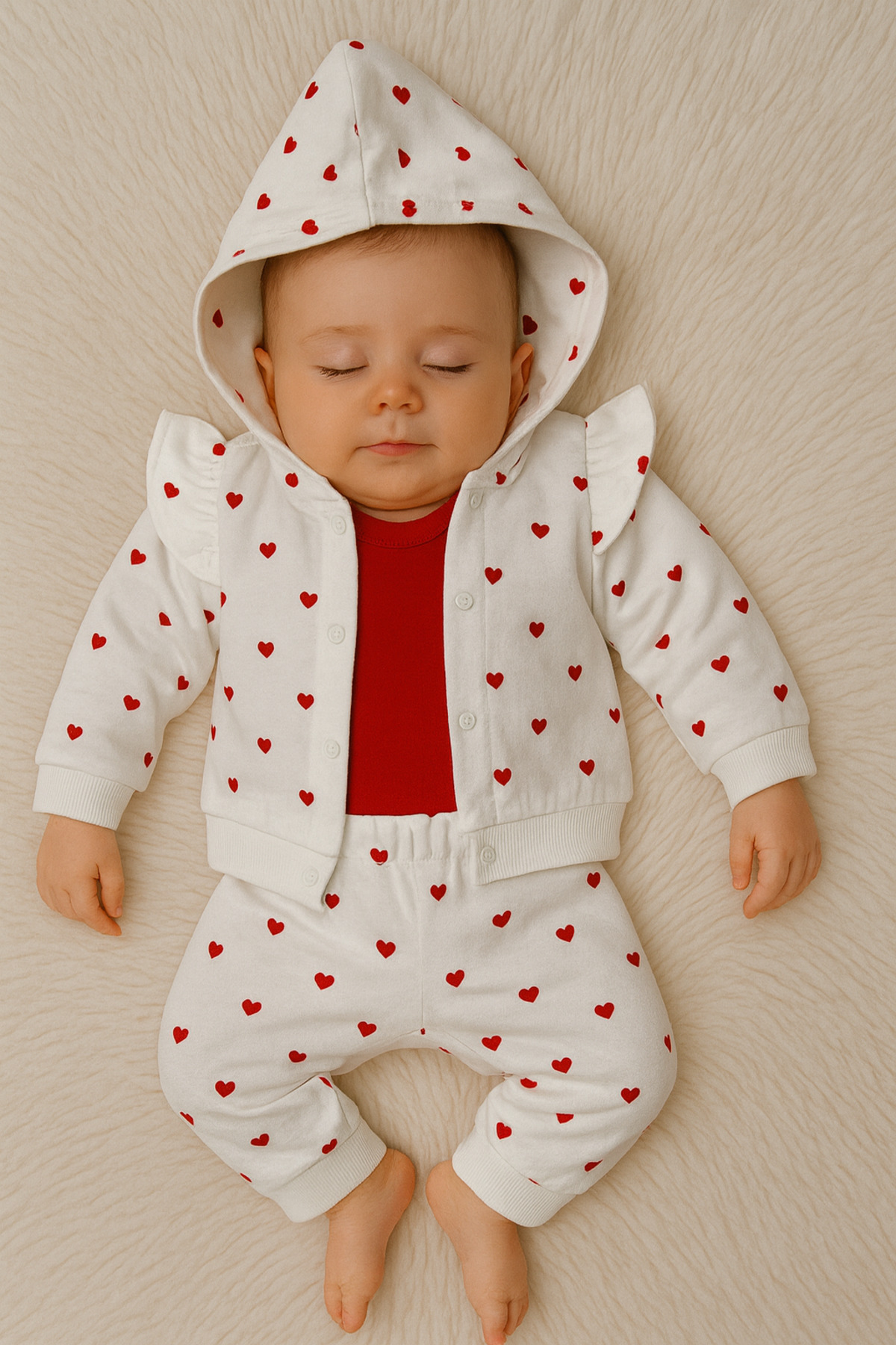 Linda Harris Heart Pattern Ekru Kapüşonlu Bodyli 3’lü Yenidoğan Kız Bebek Takımı fotoğrafı 2 (önizleme)