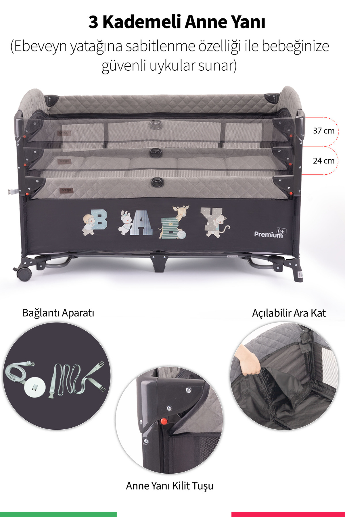 Prego Premium Anne Yanı Oyun Parkı 70*120 Cm GRİ + Yatak Hediyeli GRİ fotoğrafı 3 (önizleme)