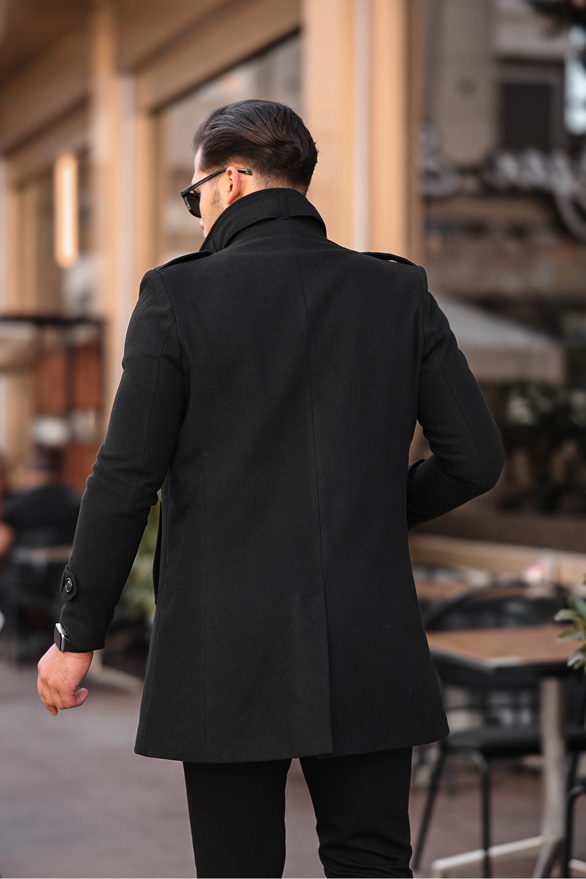 gm giyimarket  Erkek Dar Kesim Dik Yaka Yün Karışımlı Uzun Kaşe Kaban - Görsel 8