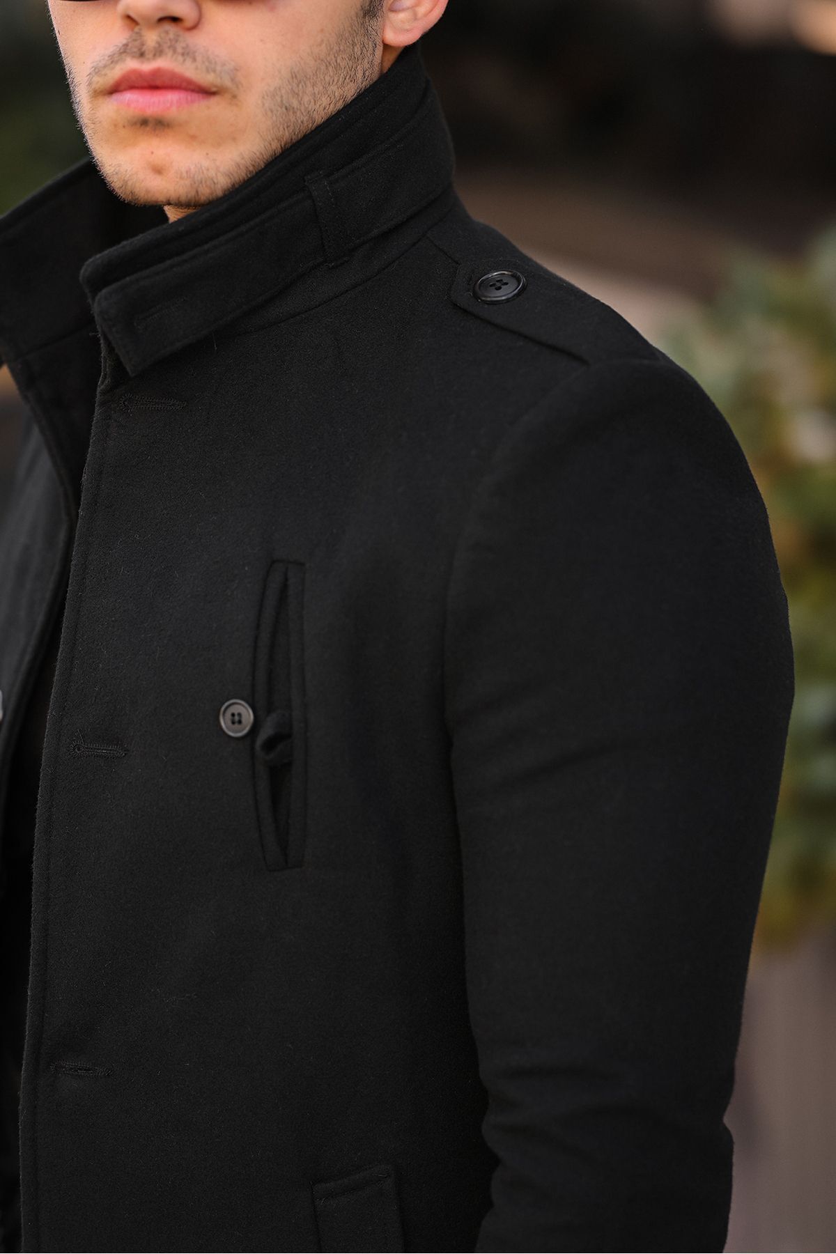 gm giyimarket  Erkek Dar Kesim Dik Yaka Yün Karışımlı Uzun Kaşe Kaban - Görsel 7