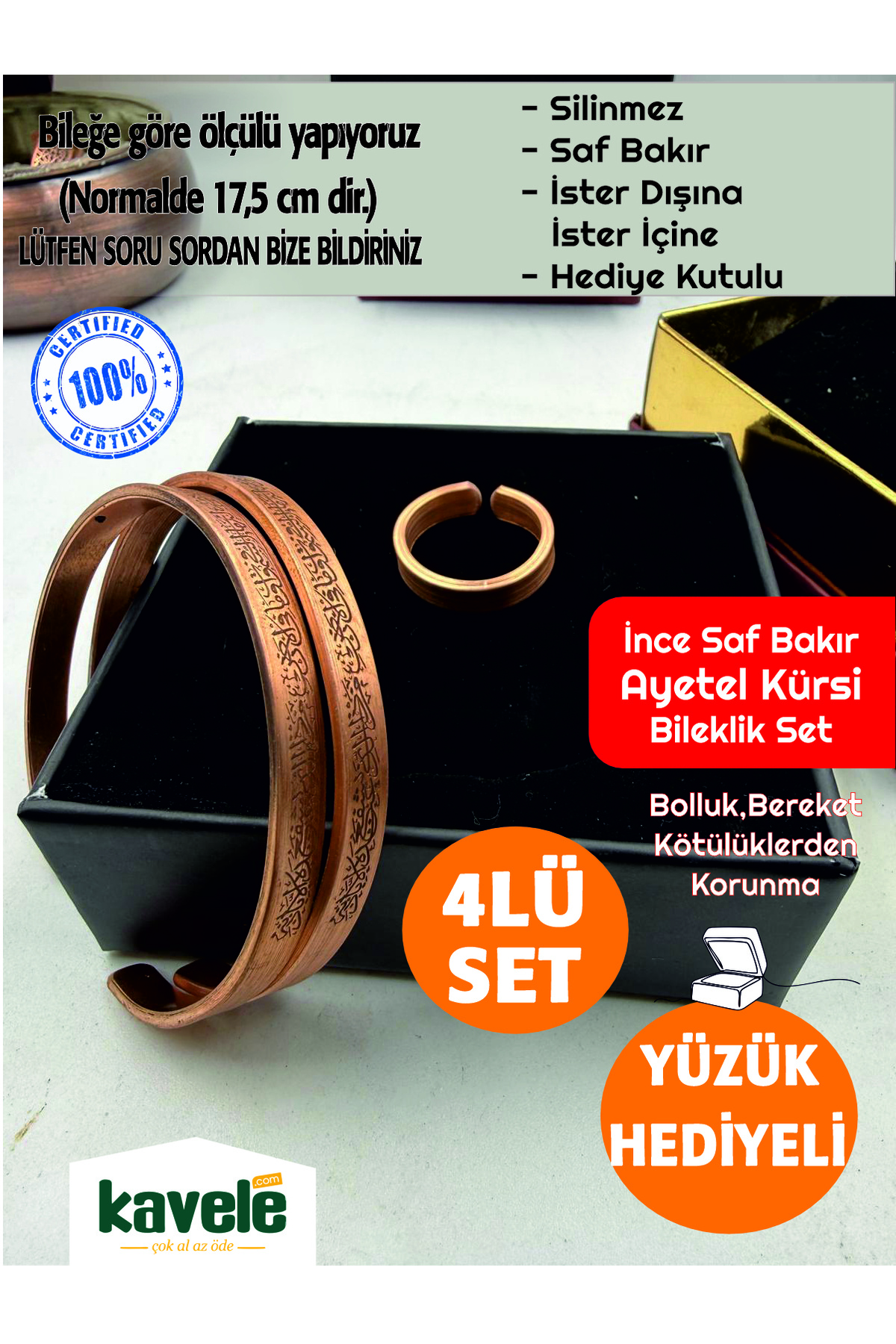 Ham Saf Bakır Manyetik 2 li Ayetel Kürsili Yüzüklü Set-Hediyelik Kutuda