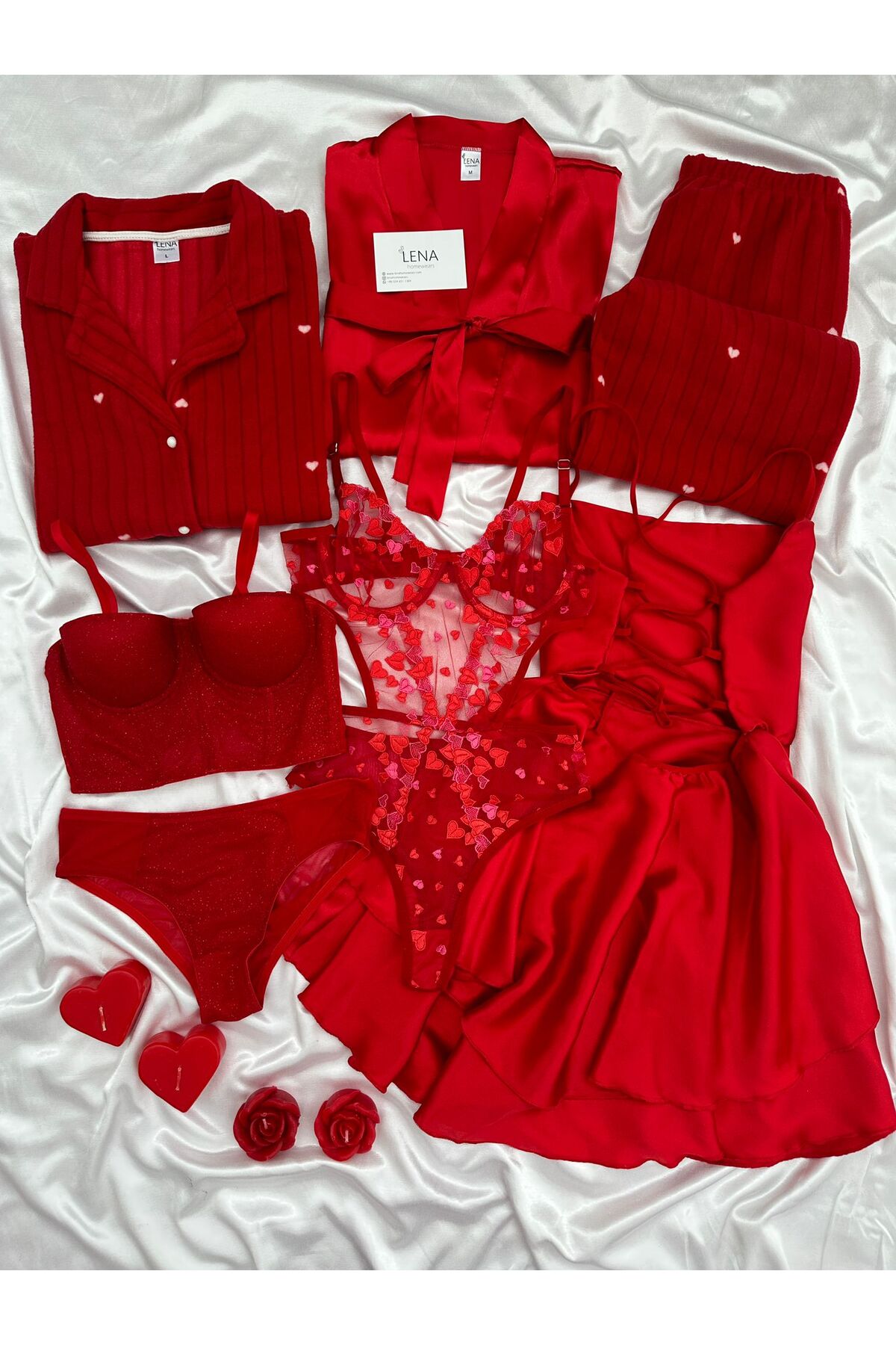 7-Piece Giant Pajamas with Red Premium Light Satin Box Nightgown Underwear Dowry Set