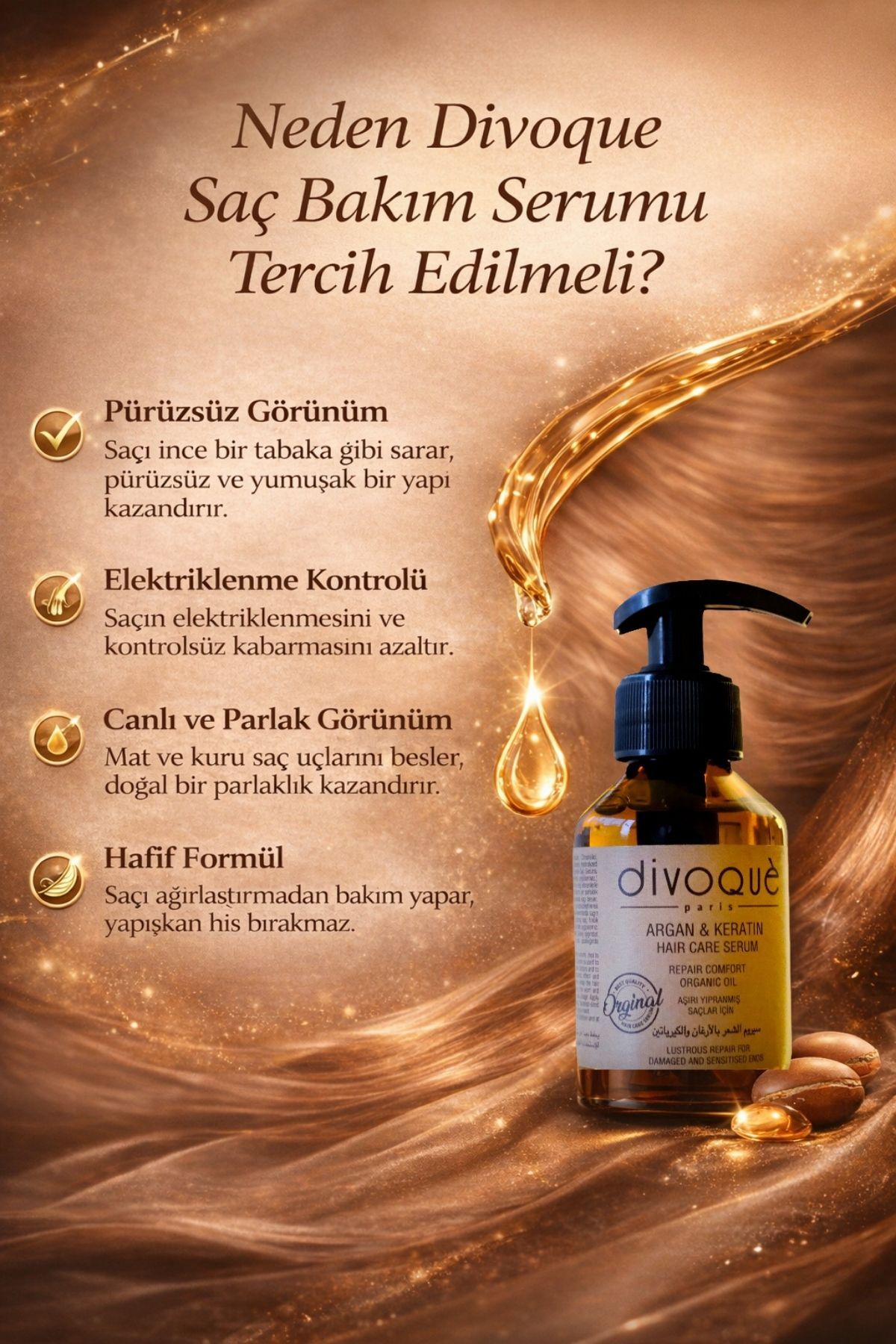 Argan Keratin Saç Bakım Serumu – 100 ml / Yıpranmış Saçlar İçin Onarıcı Etki ve Parlaklık — Dvq 021 — تصویر 3 از 5