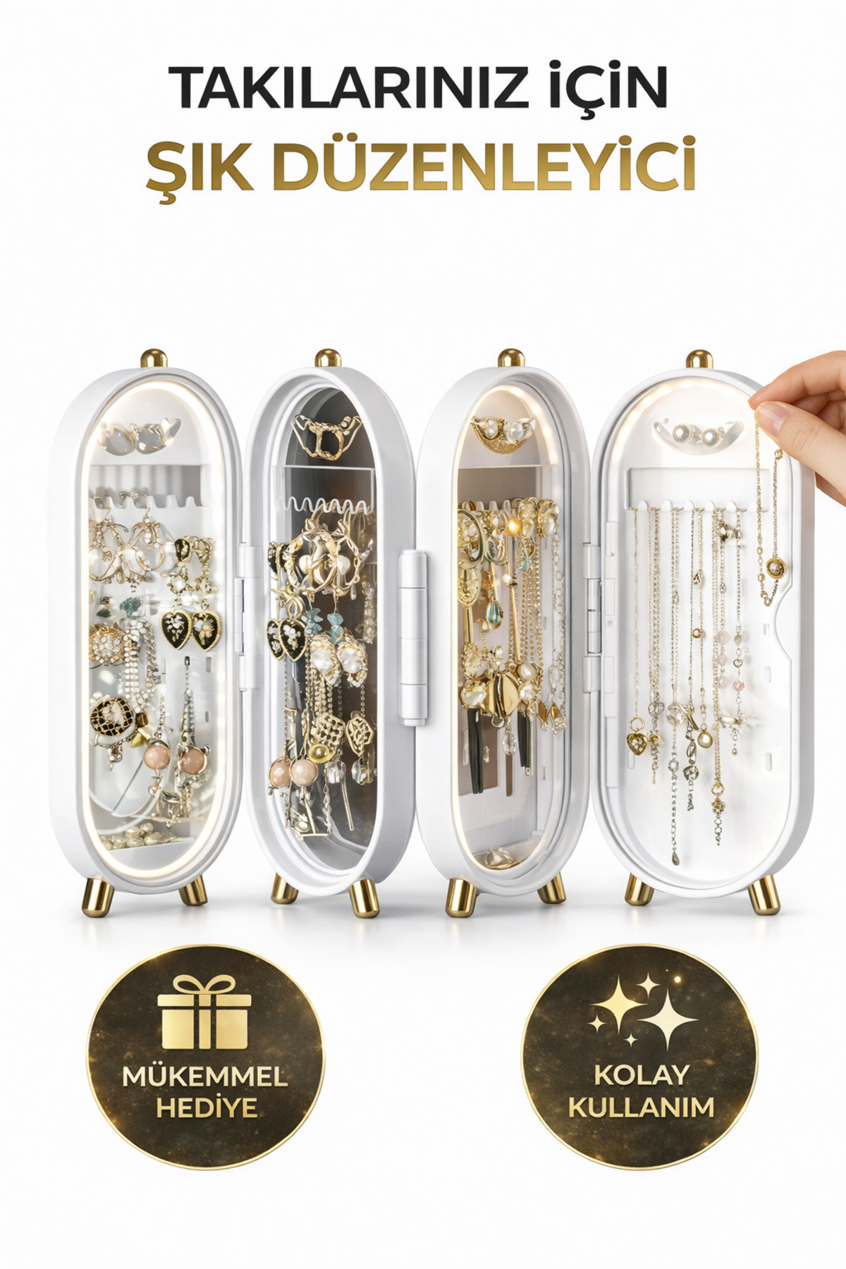 Collapsible Mirrored and Standing Jewelry Stand White