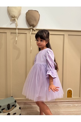 penu baby kids Lila Uzun Balon Kumaş Kol Altı Tütülü Kız Bebek Elbise - Cinde...