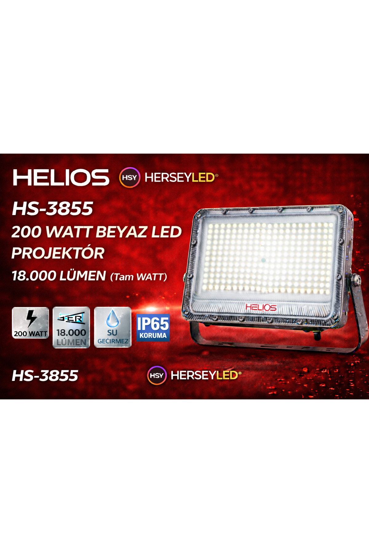 Helios HS-3855 200 WATT BEYAZ LED PROJEKTÖR 18.000 LÜMEN (Tam WATT