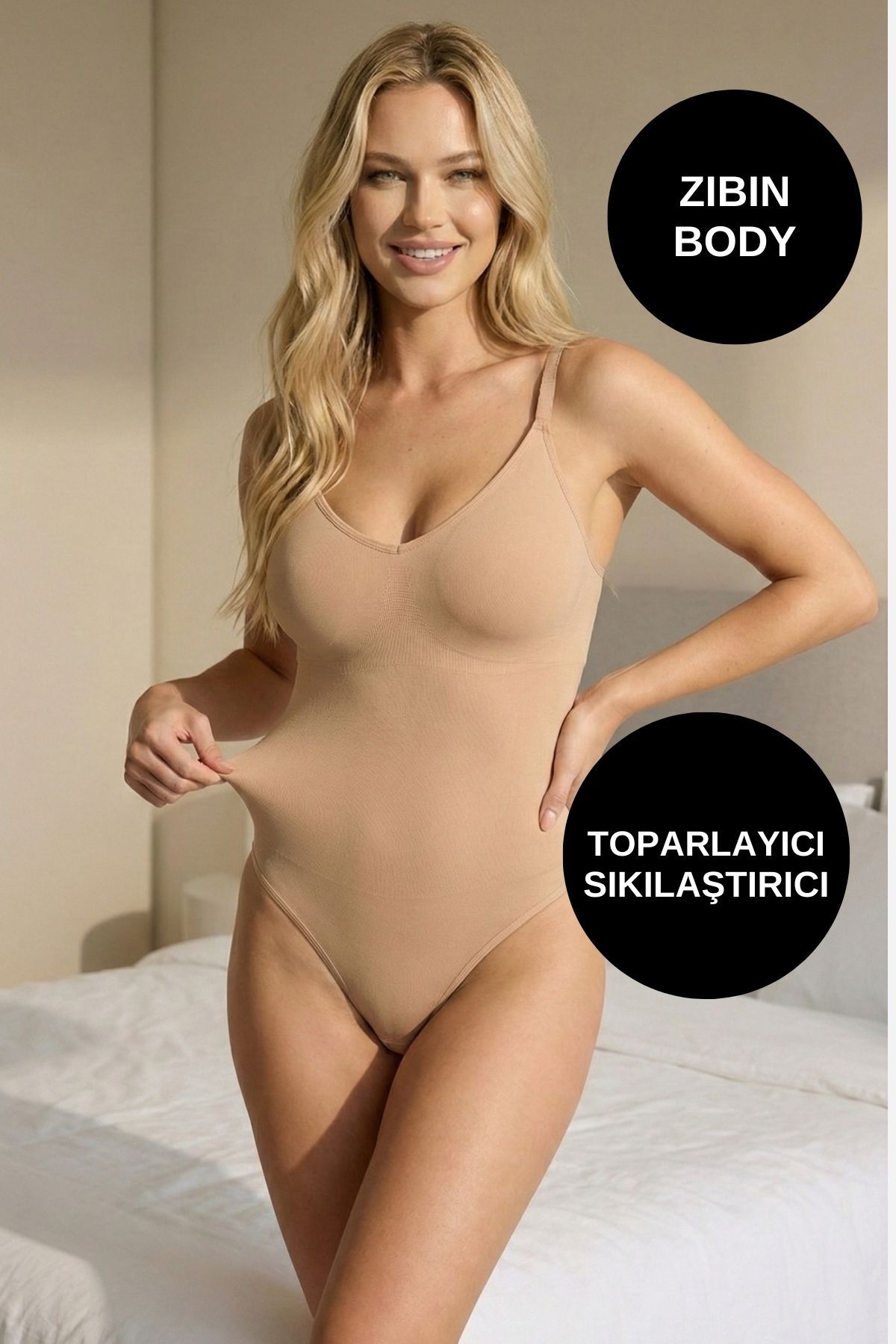 ALEXANDER HUD Kadın Sıkılaştırıcı Body Korse Ten Rengi Çıtçıtlı Toparlayıcı Askılı Şekillendirici İç Giyim Zıbın görsel 2