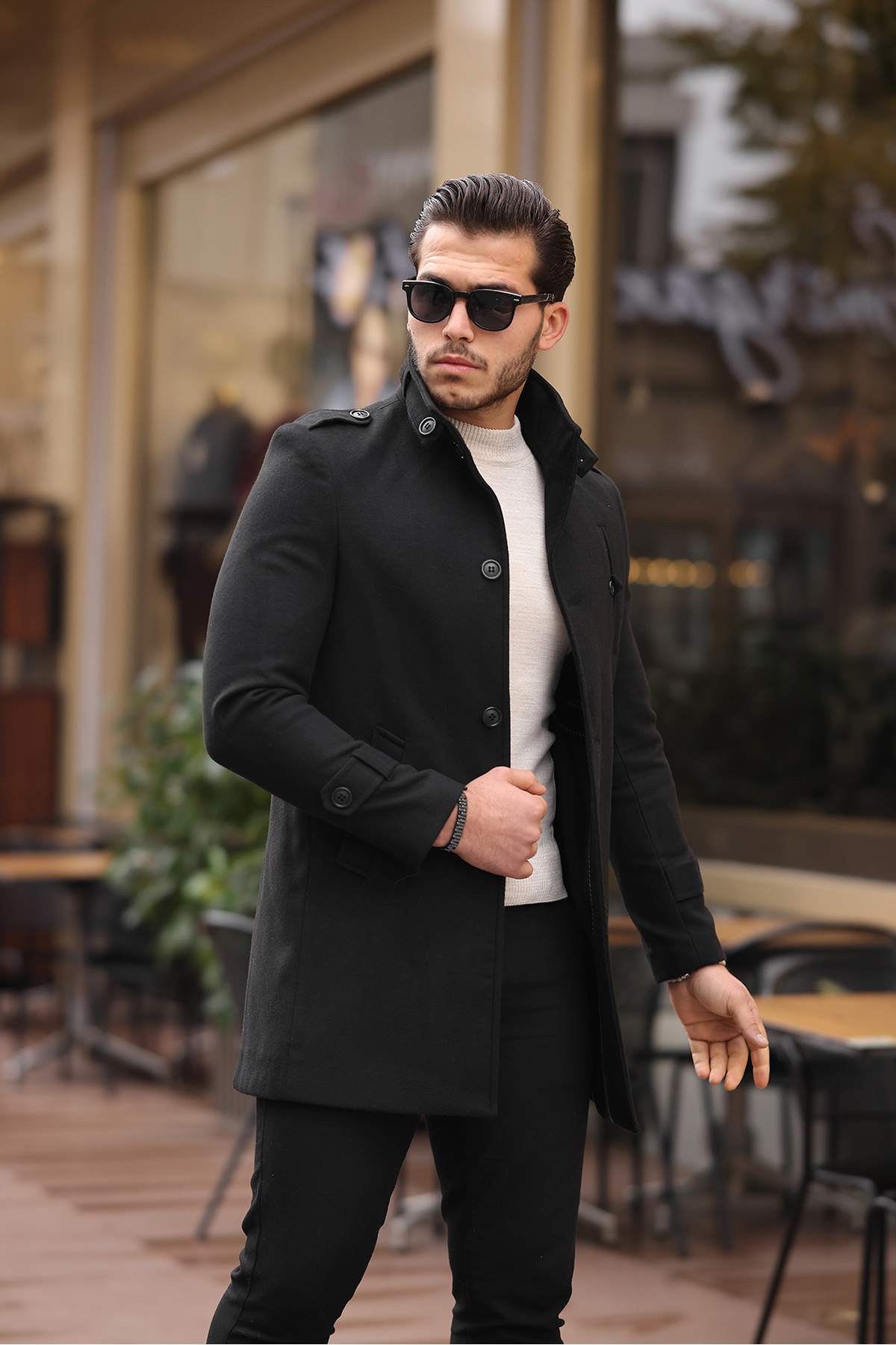 Mero Life  Erkek Siyah Dar Kesim Uzun Kaşe Kaban - Görsel 4