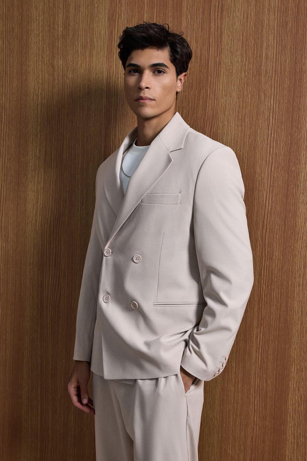 Men's Oversize Comfortable Fit Double Breasted Suit Beige
