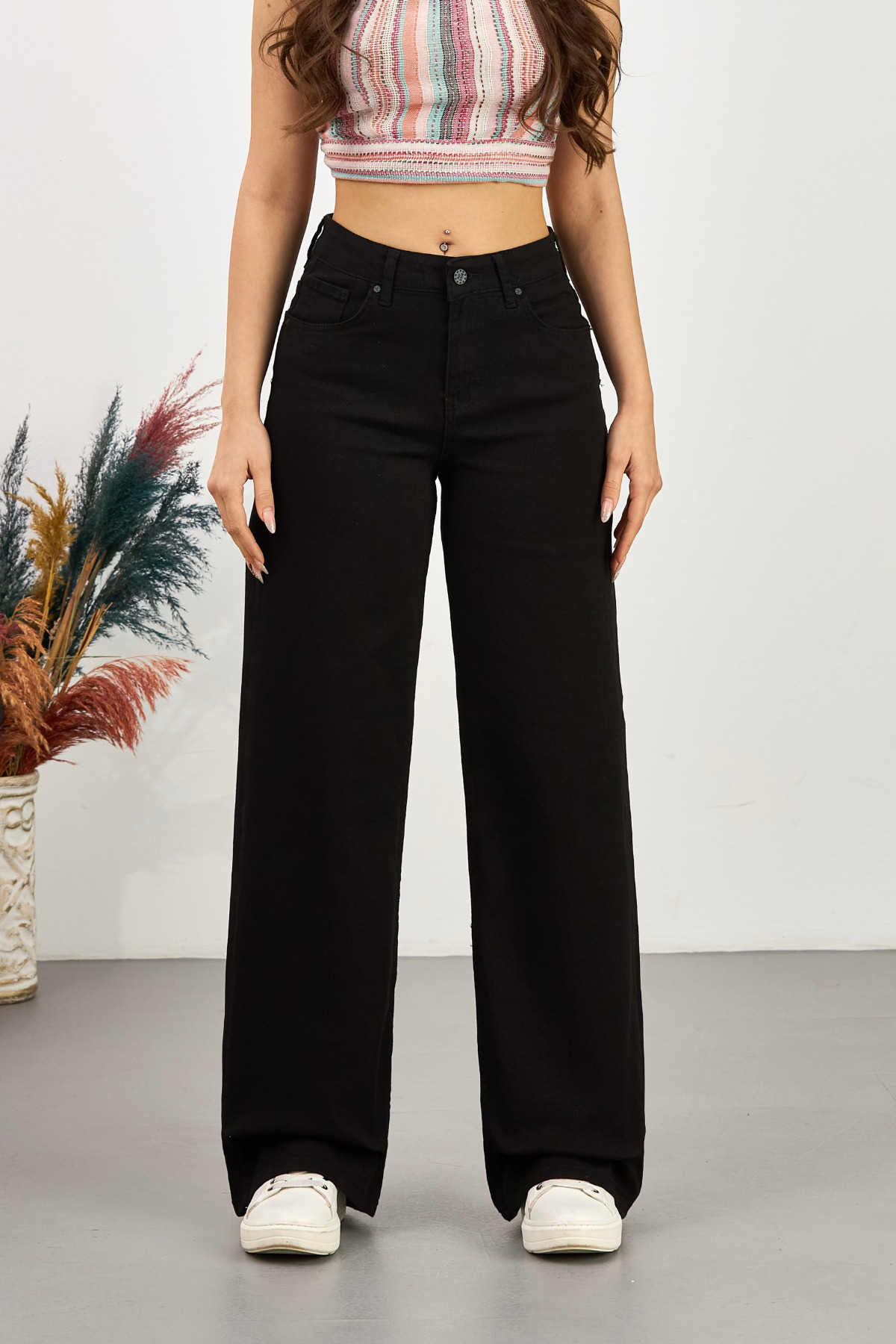 BİKELİFE Női fekete széles szárú Palazzo magas derekú nadrág