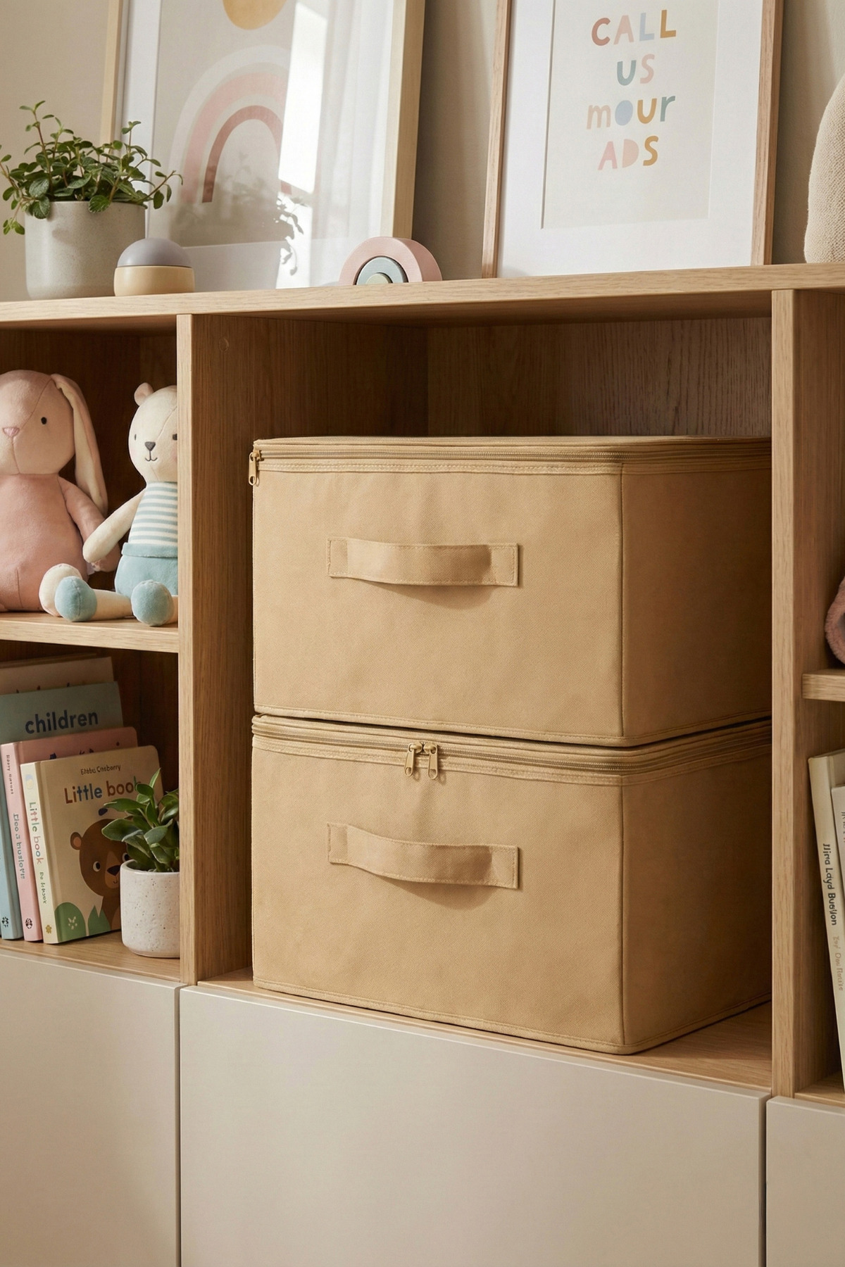 Beige 2-Piece Set Multi-Purpose Base and Cabinet Organizer Box Pulp 35x42x23 cm