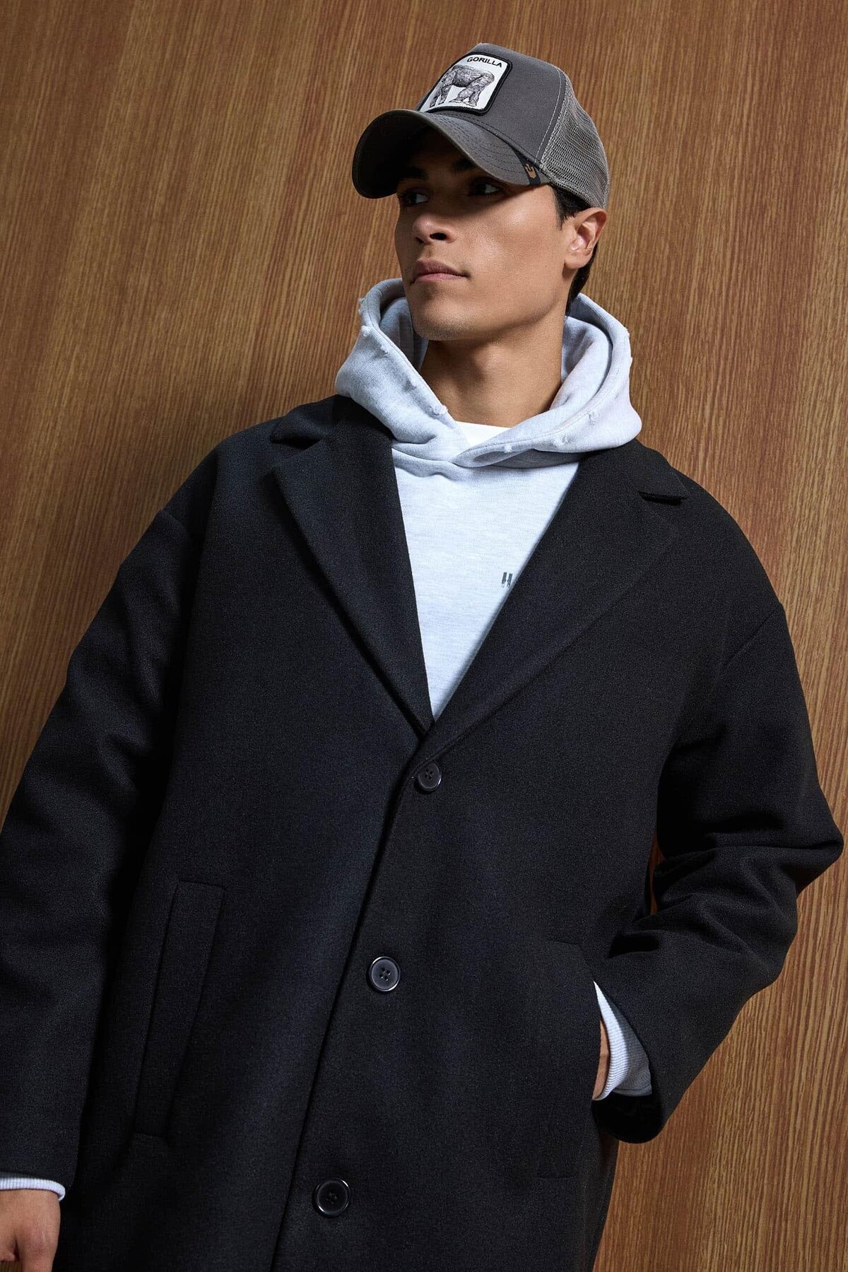 ablukaonline  Erkek Oversize Düğmeli Kaşe Kaban Siyah - Görsel 4