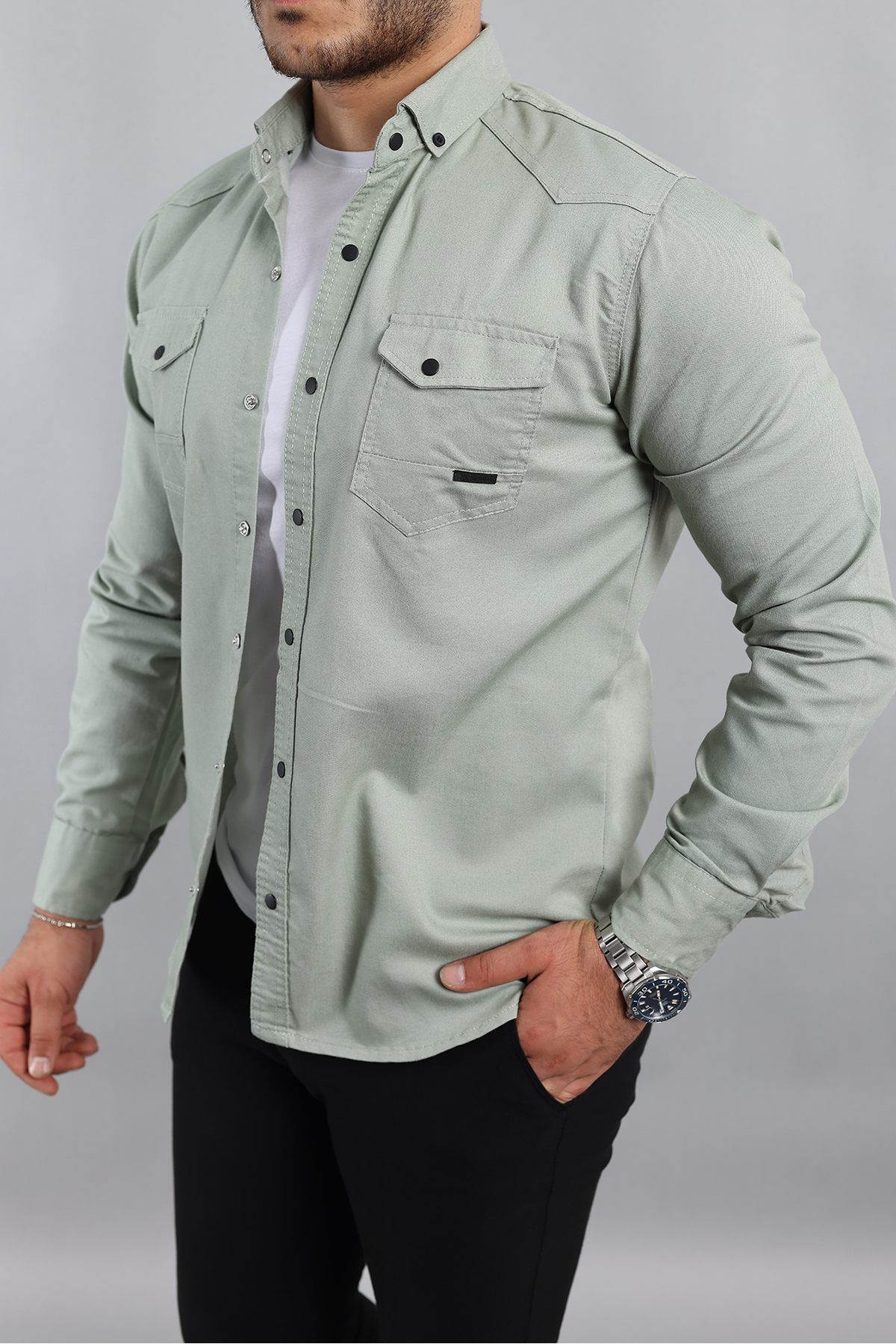 YXC  Çift Cepli Gömlek Erkek Kot Gömlek - Görsel 5