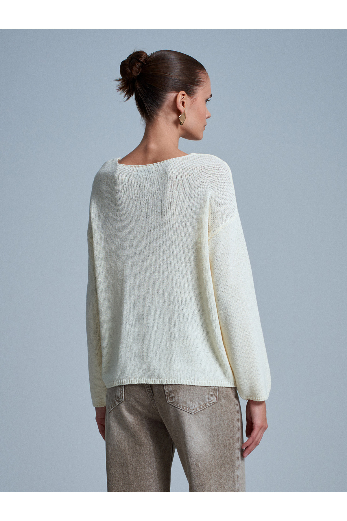 Dilvin  10706 Oval Yaka Yumuşak Dokulu Triko Kazak-Ekru - Görsel 4