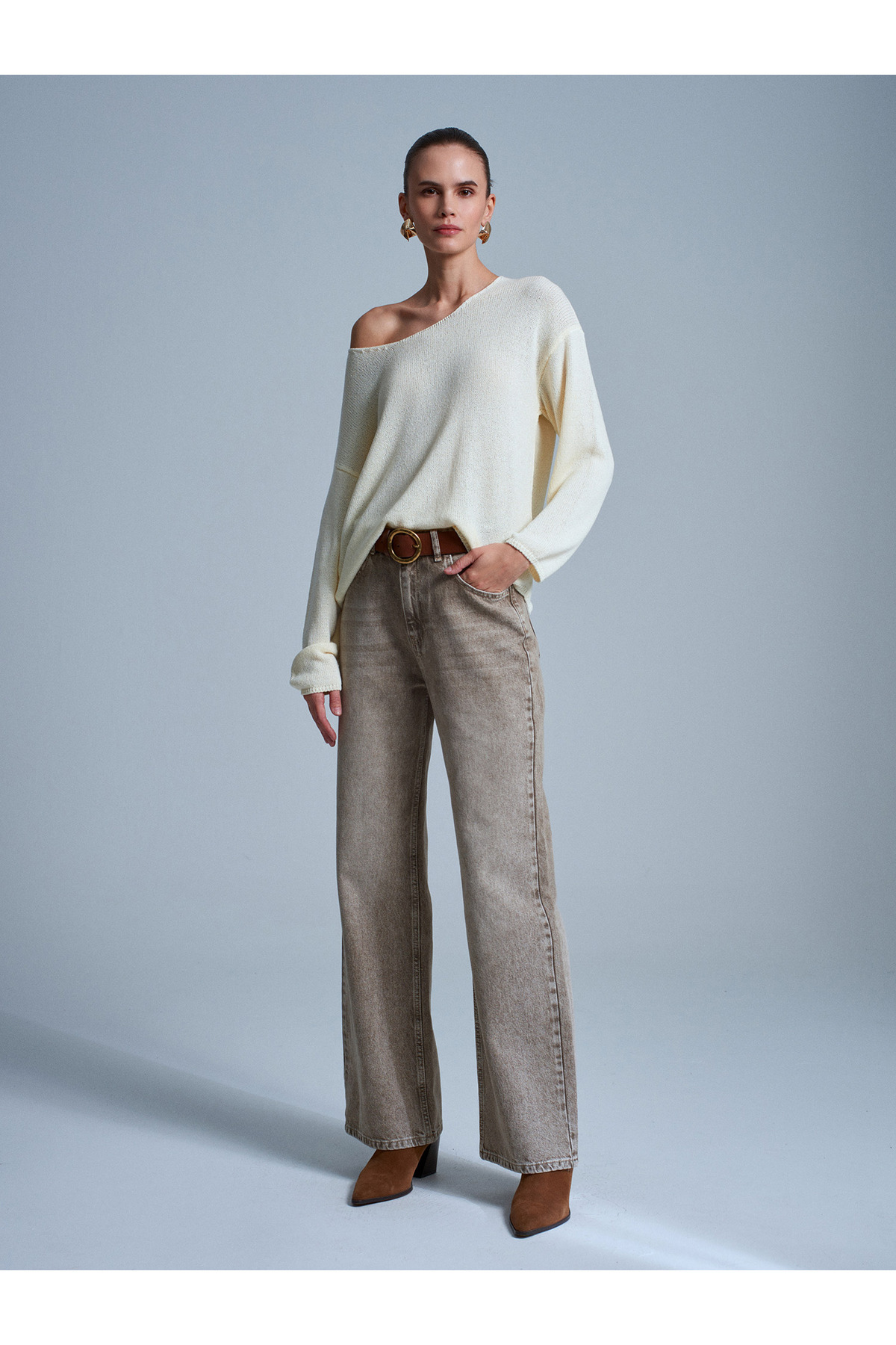 Dilvin  10706 Oval Yaka Yumuşak Dokulu Triko Kazak-Ekru - Görsel 5