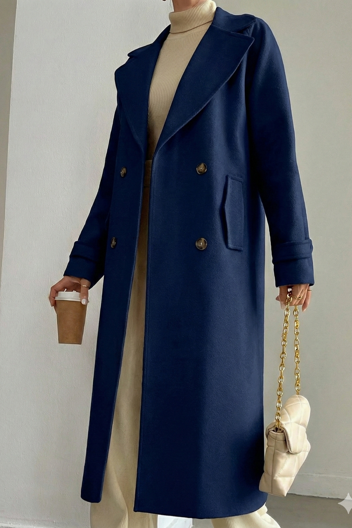 diaves  Lacivert Astarlı Manşet ve Cep Detay Uzun Kaşe Kaban