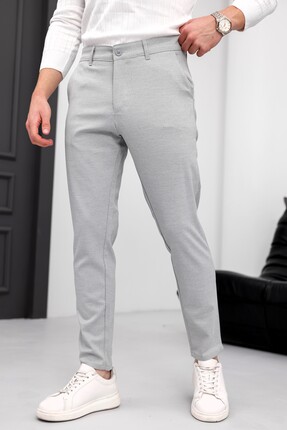 MODAMESTO Erkek Slim Fit Açık Gri Likralı Keten Pantolon