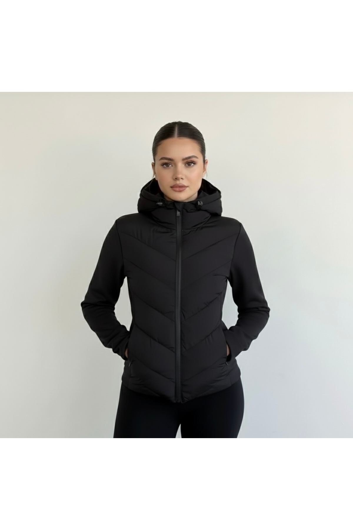 timagna  Siyah Kapüşonlu Kontrast Mevsimlik Şişme Mont Kışlık Slim Fit Rüzgar Geçirmez Fermuarlı Kadın Mont