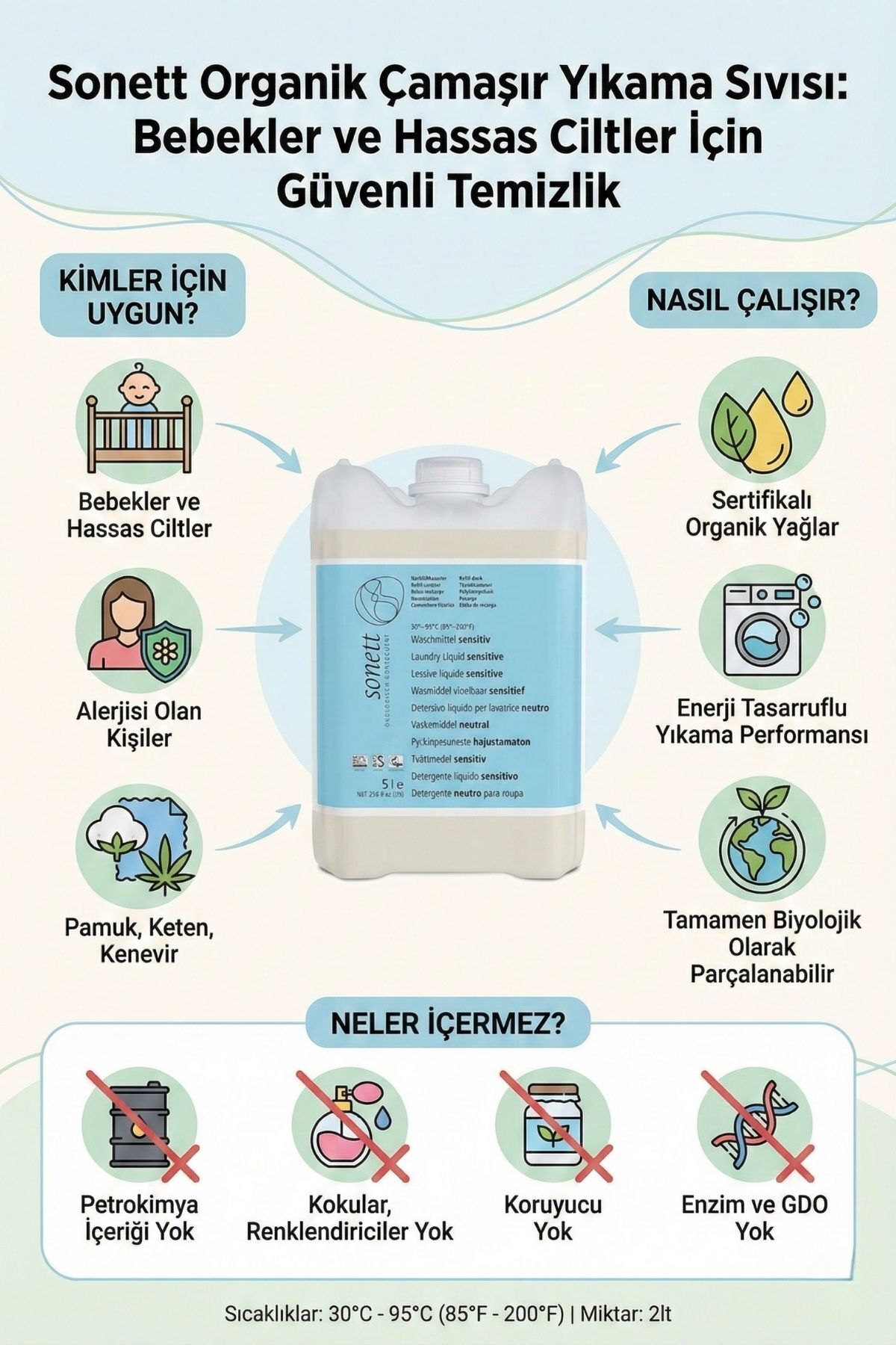Sonett Bebekler Için Bitkisel Kokusuz Organik Çamaşır Yıkama Deterjanı 5lt fotoğrafı 2 (önizleme)