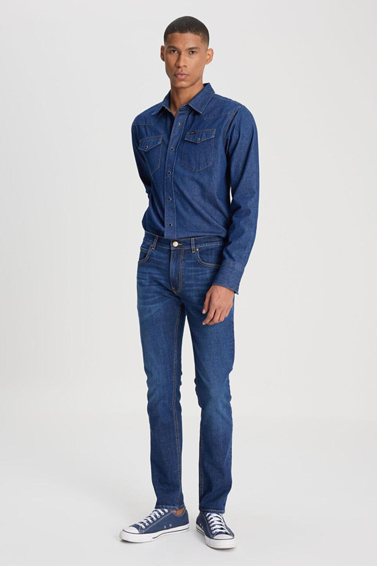 Lee  Slim Fit Dar Kesim Normal Bel Dar Paça Luke Koyu Mavi Jean Kot Pantolon - Görsel 7