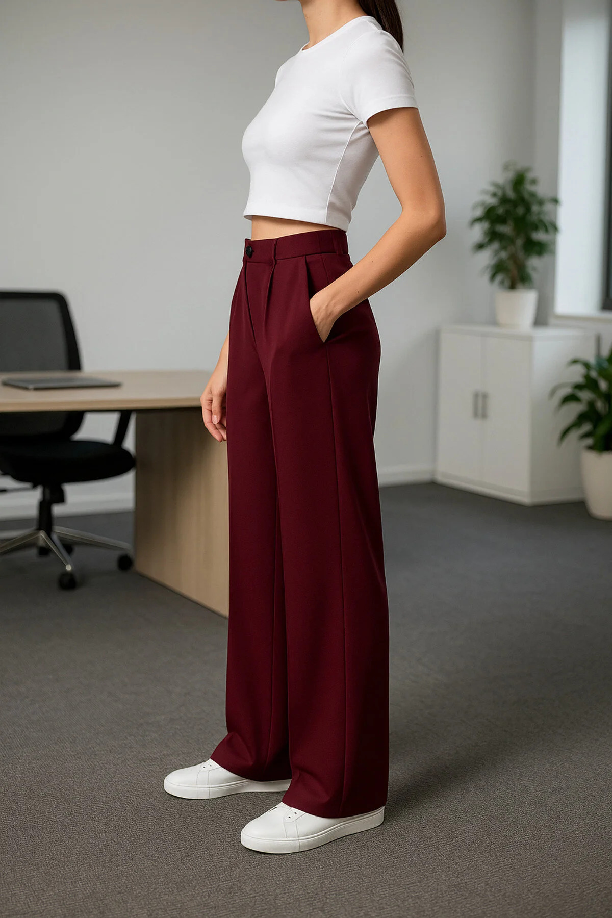 FV  Palazzo Oversize Orjinal Kesim Bordo Kadın Pantolon - Görsel 3