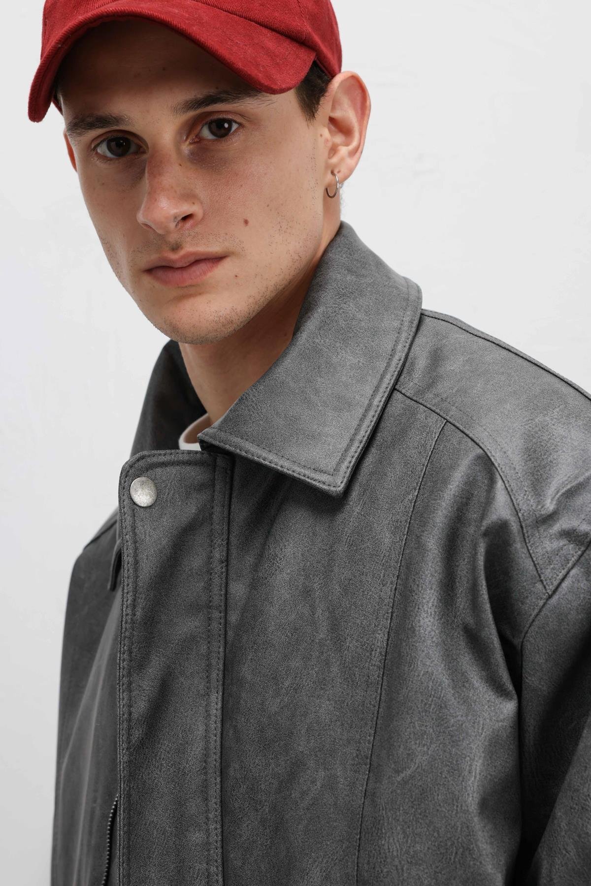 VAMOSCLO Oversize Deri Bomber Ceket Gri görsel 7