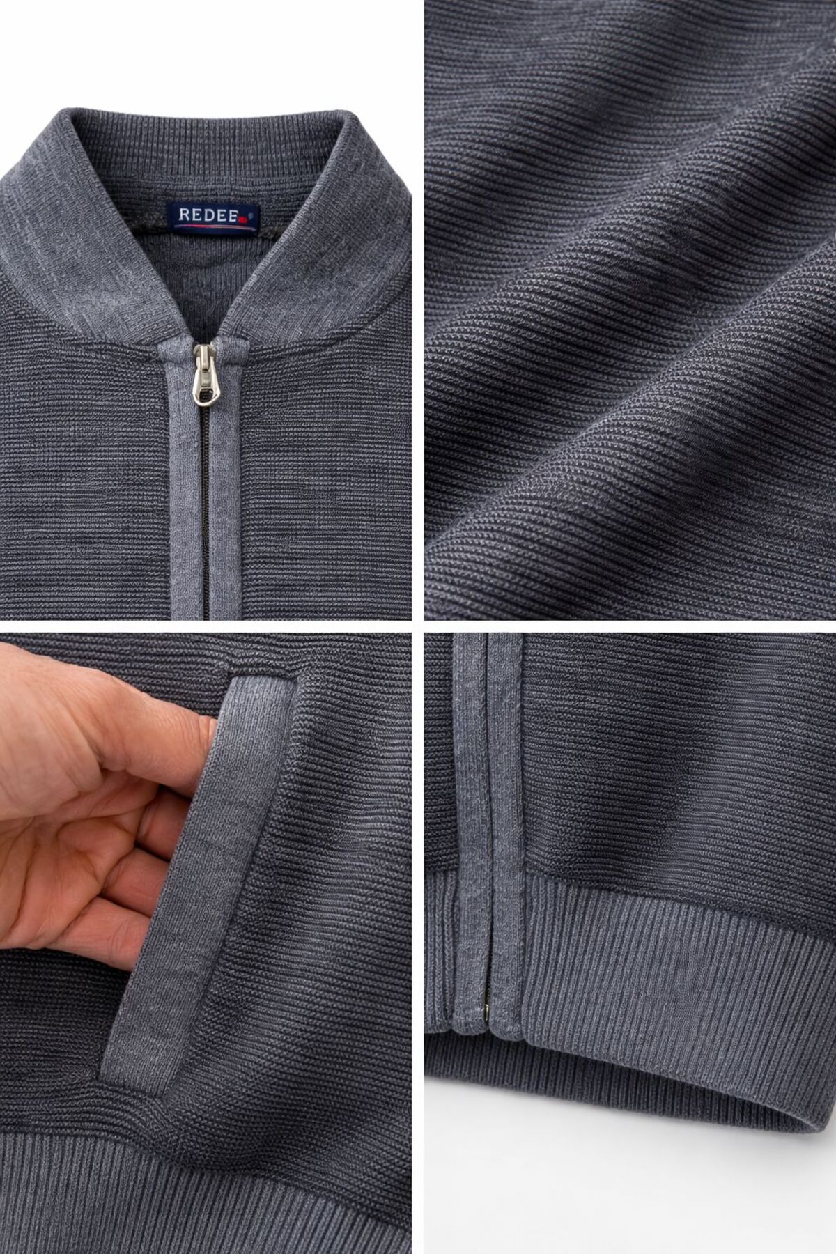 HEDEFNUR TEKSTİL  Gri Erkek Triko Akrilik Kalın Dokulu Klasik Fit Fermuarlı Cepli Kışlık Baba Hırka - Görsel 2