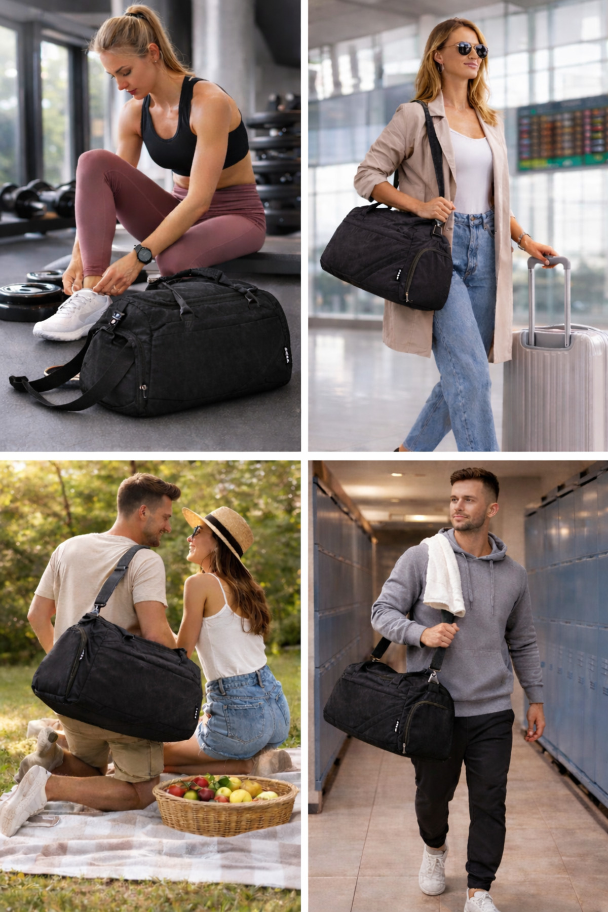 KAFF  Siyah Krinkıl Kumaş Ayakkabı Bölmeli 0818 Önü Cepli Su Geçirmez Omuz Askılı Spor Ve Seyahat Çantası - Görsel 4