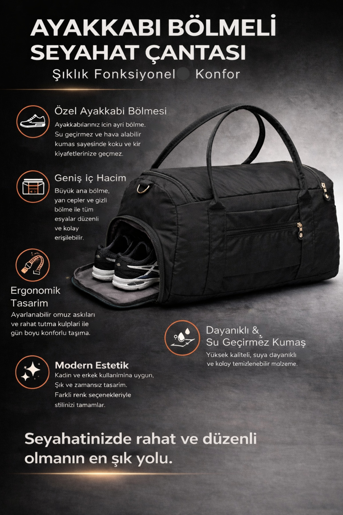 KAFF  Siyah Krinkıl Kumaş Ayakkabı Bölmeli 0818 Önü Cepli Su Geçirmez Omuz Askılı Spor Ve Seyahat Çantası - Görsel 7