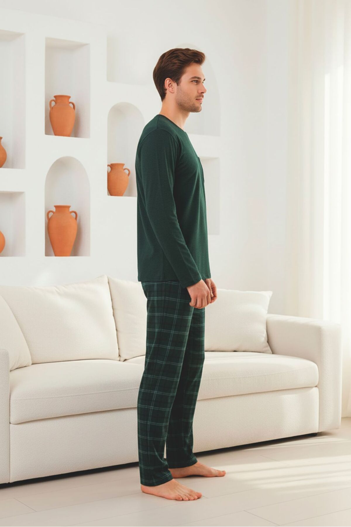 Sude HOMEWEAR  Erkek Ekoseli Cepli Uzun Kollu Pijama Takımı - Görsel 4