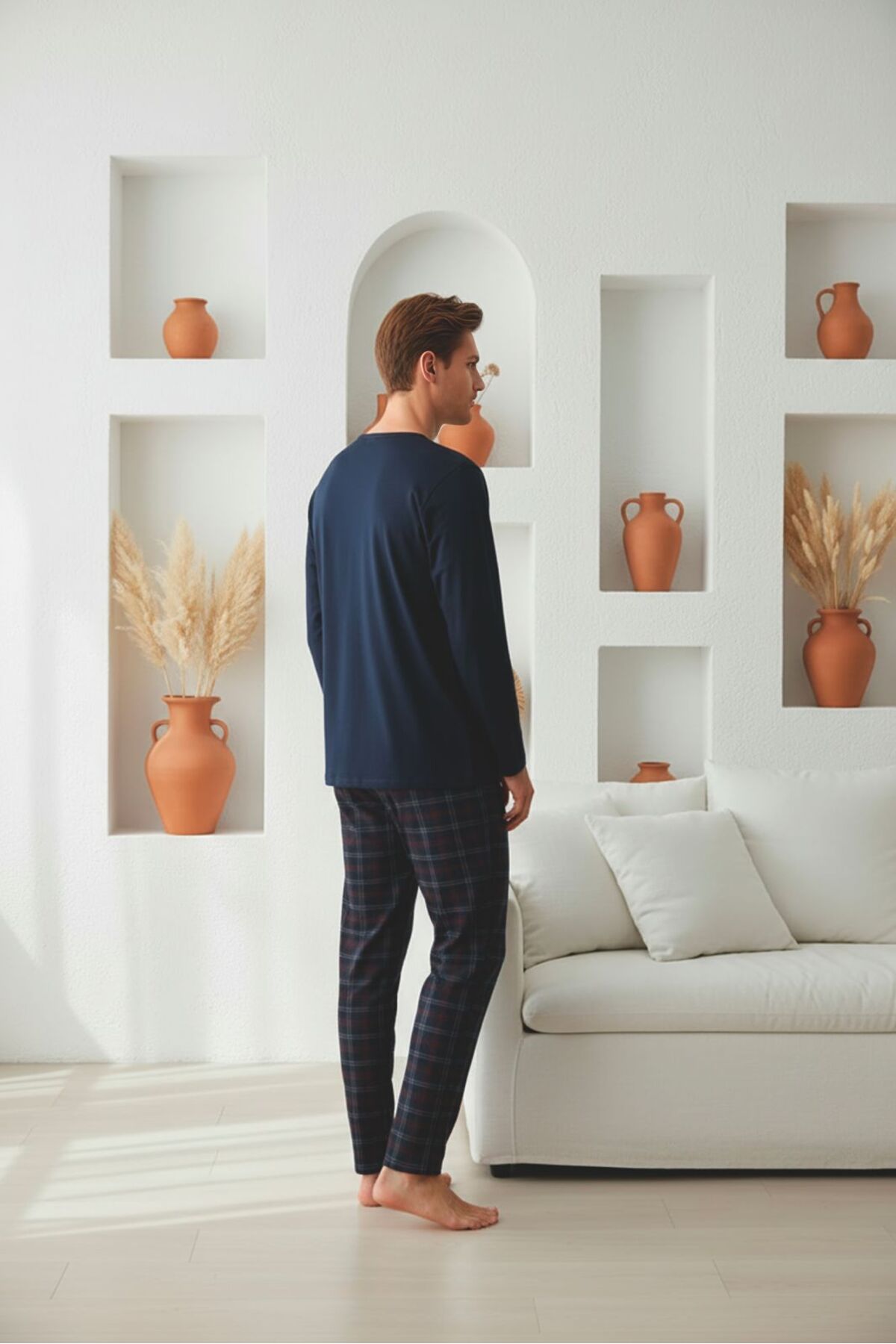 Sude HOMEWEAR  Erkek Ekoseli Cepli Uzun Kollu Pijama Takımı - Görsel 3