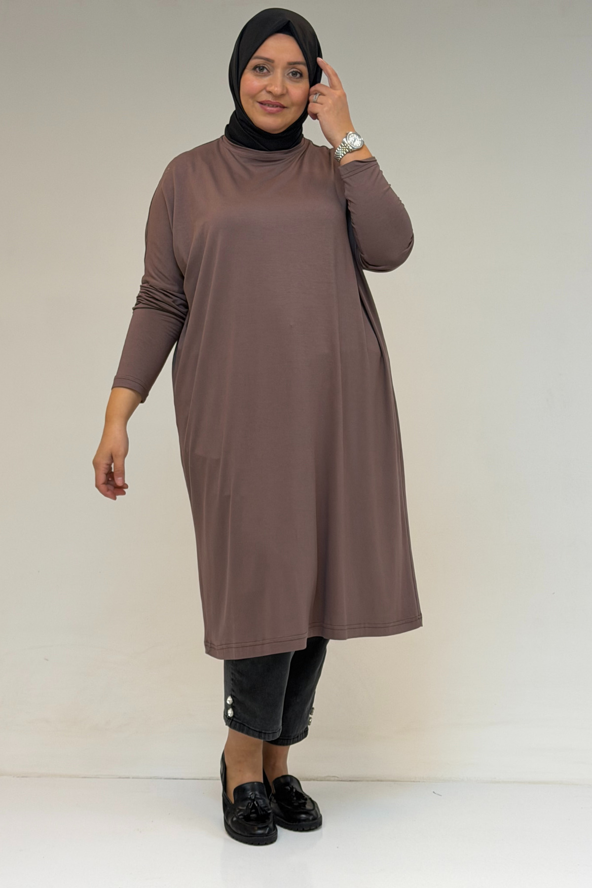 28092 Plus Size Low Sleeve Combed Cotton Tunic- Mink