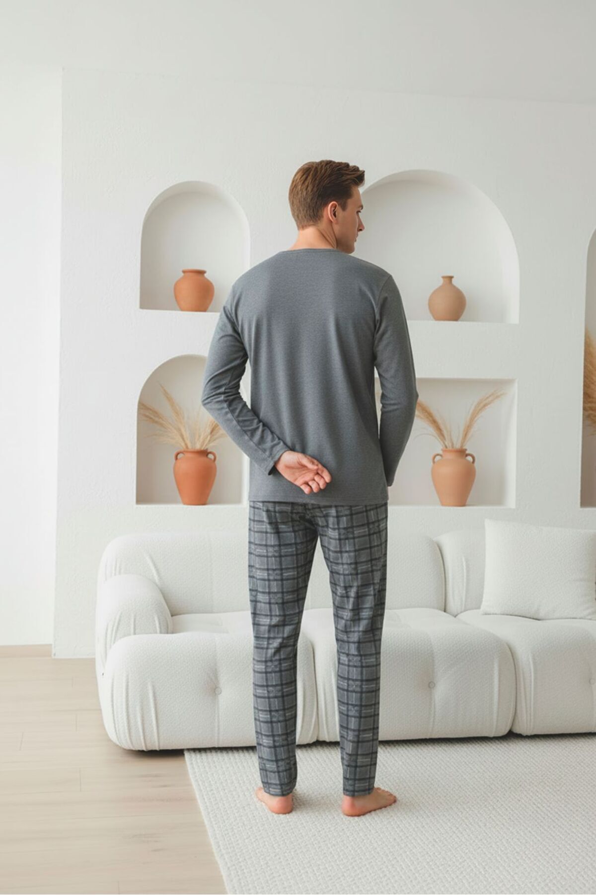 Sude HOMEWEAR Erkek Uzun Kol Antrasit Renk Yarım Pat Düğmeli Pijama Takımı görsel 3