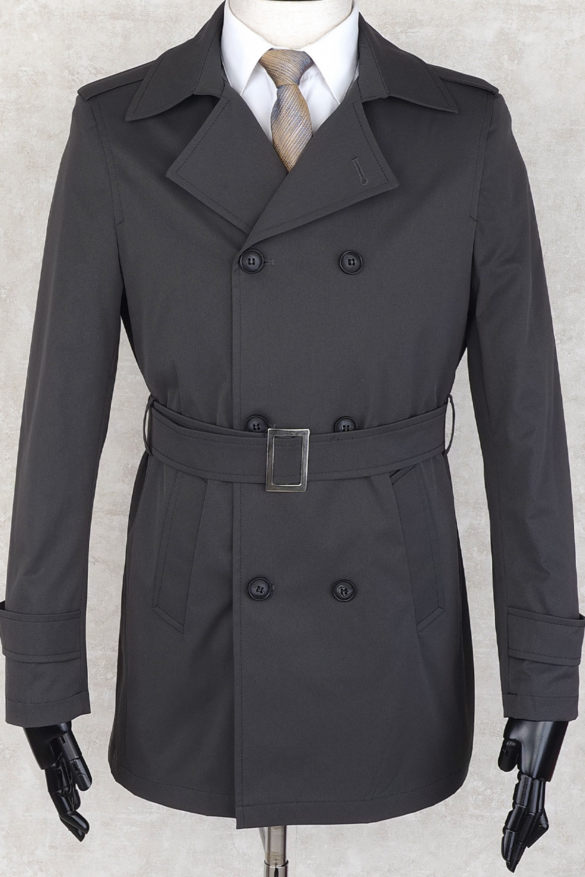 Jan Carlucci  Koyu Antrasit Kruvaze Tek yırtmaç Dizüstü Kemerli Trençkot