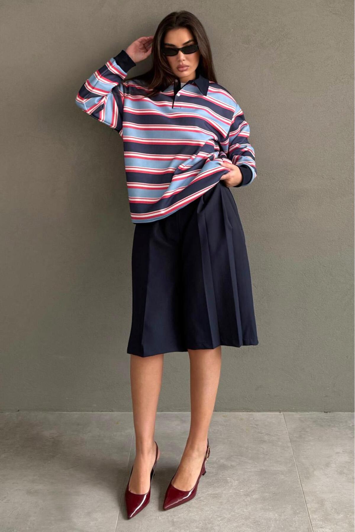 Seeh Lacivert Çizgili Polo Yaka Kadın Sweatshirt SH324 görsel 7