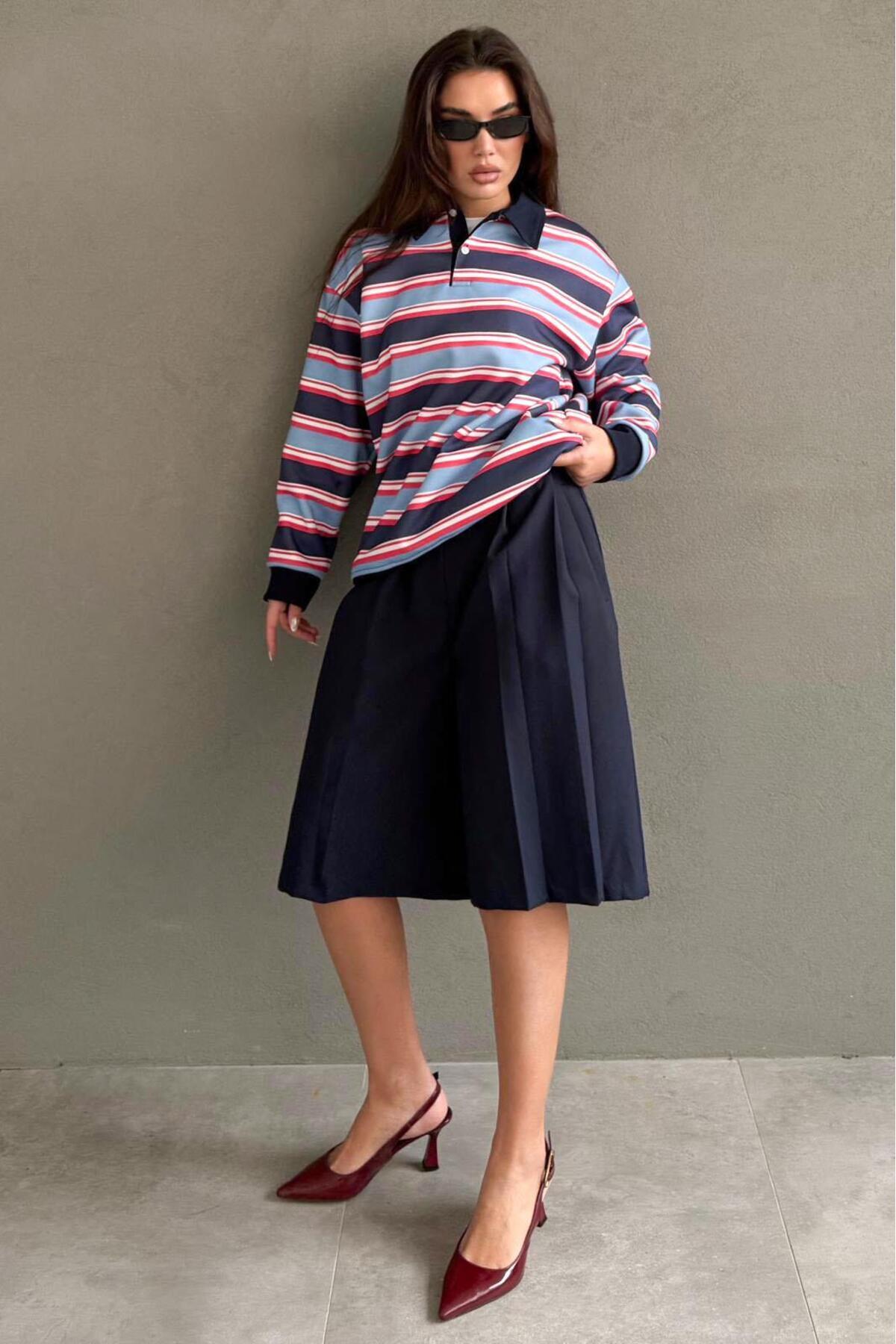 Seeh Lacivert Çizgili Polo Yaka Kadın Sweatshirt SH324 görsel 6