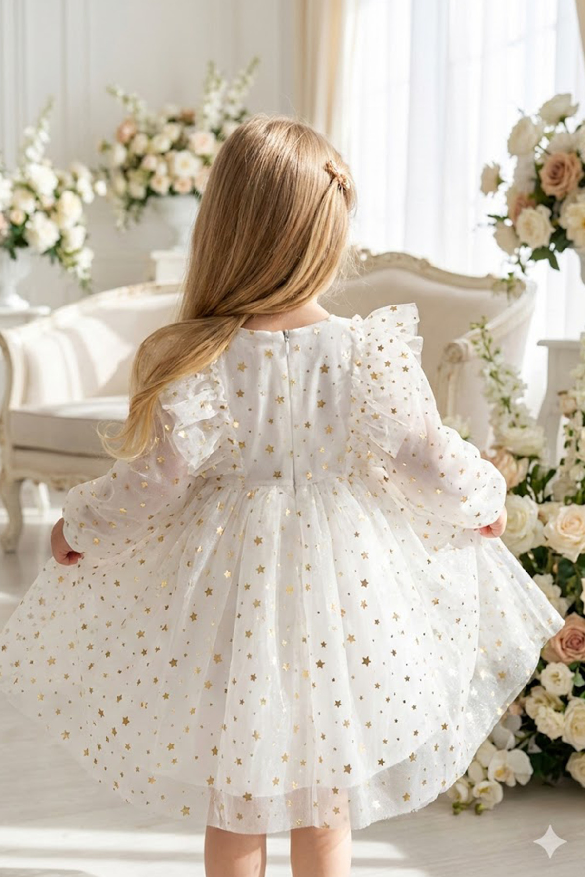 ALYRA Kız Bebek Çocuk Yıldızlı Tüllü Uzun Kollu Penye Astarlı Doğum Günü Özel Gün Parti Bayramlık Elbise fotoğrafı 5 (önizleme)