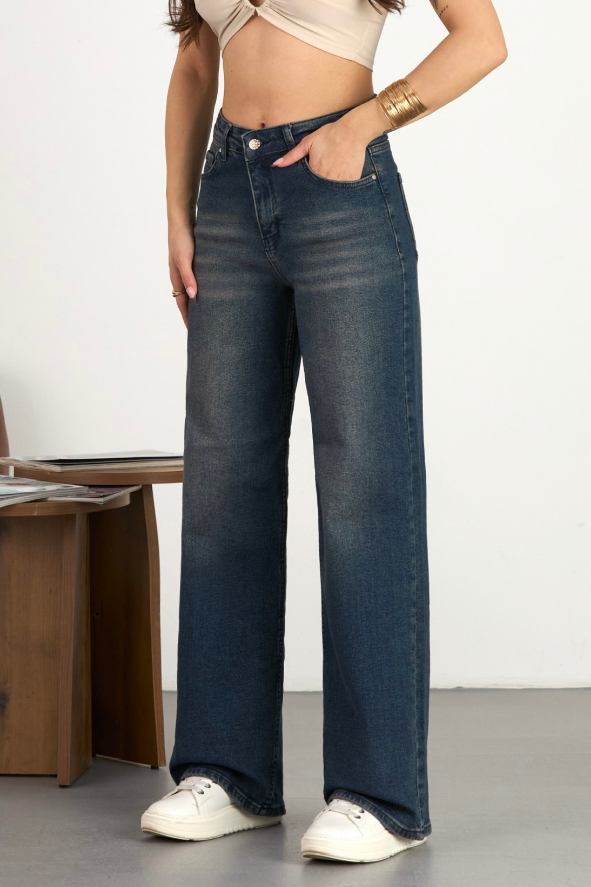 alanora  Kadın Yüksek bel Soluk Efektli Vintage Palazzo Jeans - Görsel 3