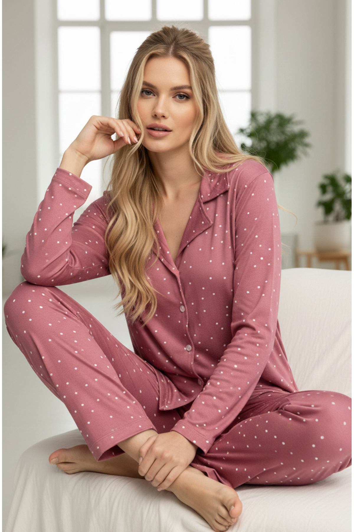 gülkurusu puan Desenli Gömlek Yaka Düğmeli Milan Örme Pijama Takım25224036