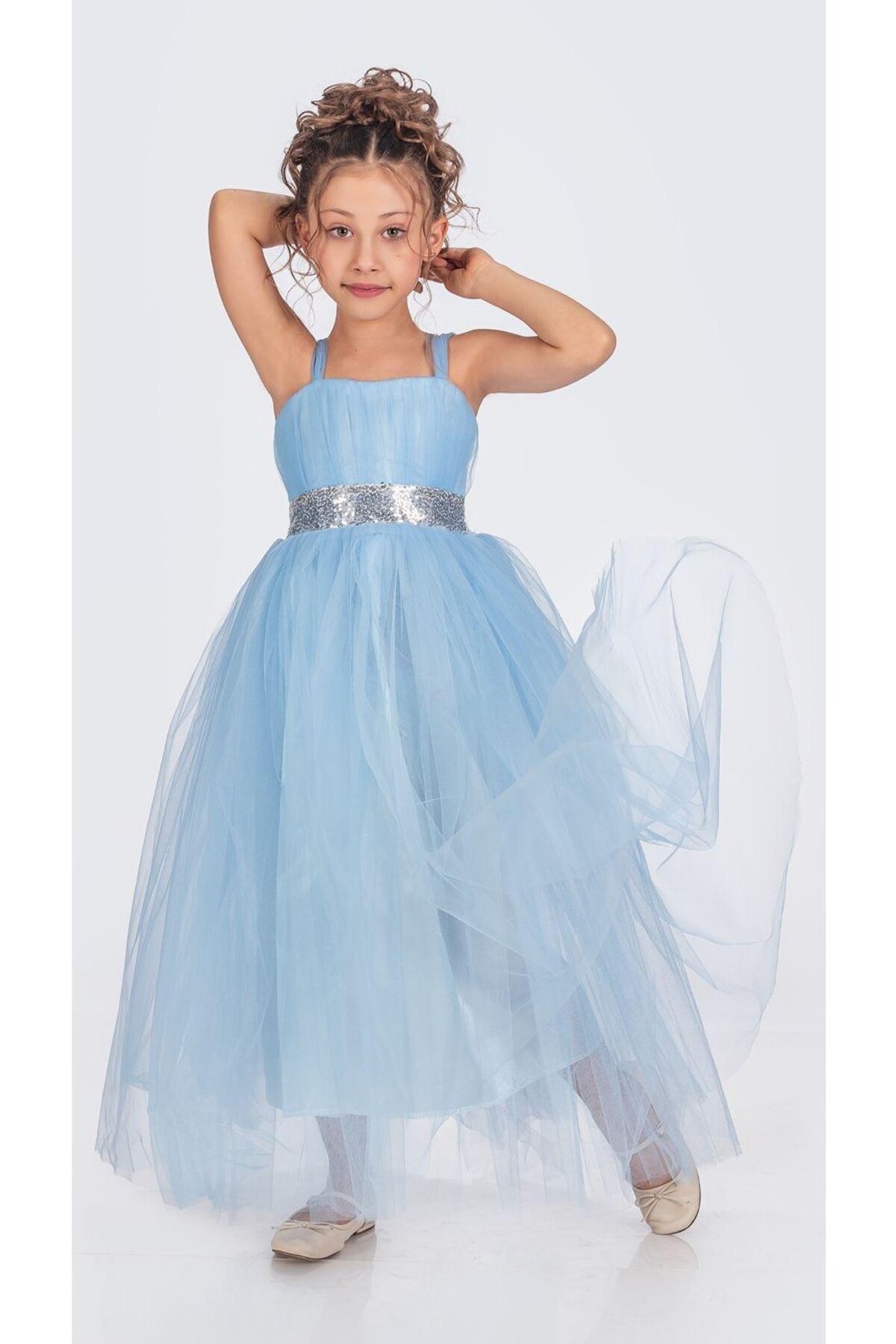 Mnk Sırt Gipeli Tütü Etek Kız Çocuk Saten Parti Abiye Elbise MNK0340 TURKUAZ fotoğrafı 2 (önizleme)