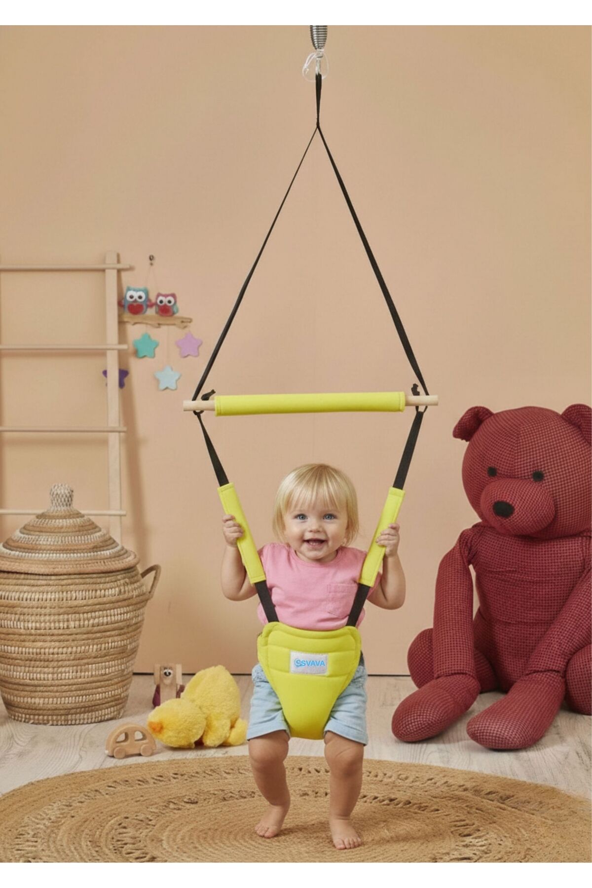 Hoppala Jumping Face Protected Kangaroo, Spring Balance Baby Walker Natural Wooden Yellow