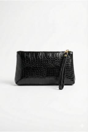 PurpleART Kadın Siyah Pörtföy El Çantası Kroko Croco