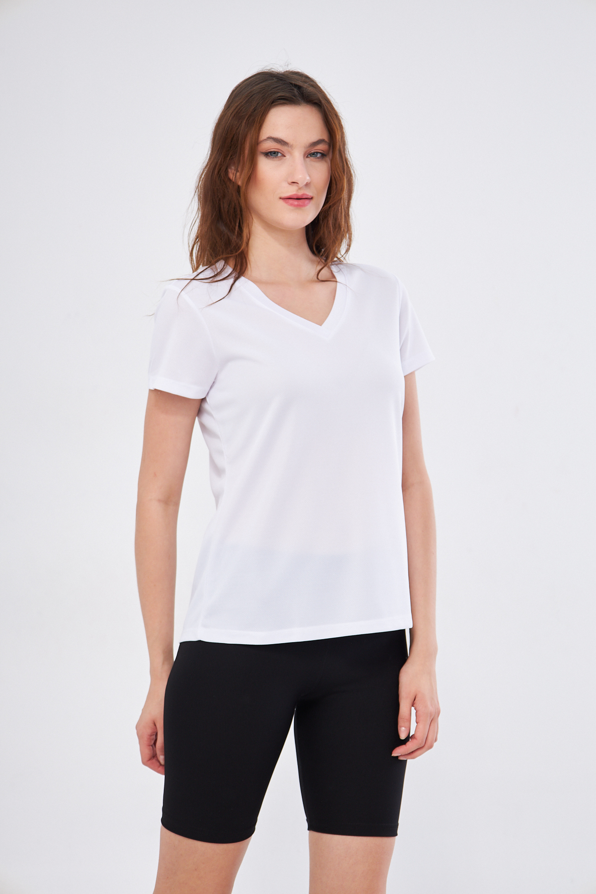 YÜKSEL IŞIK Spor T-shirt V Yaka Düz Beyaz görsel 3