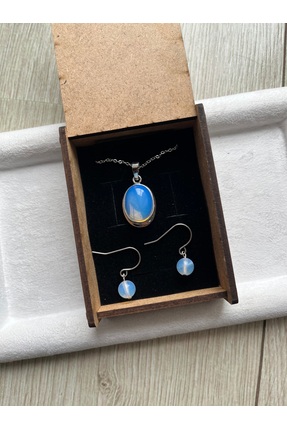 Pel Design Opal Taşlı Çelik Aksesuar Seti Küpe / Kolye El Yapımı 316L Çelik G...