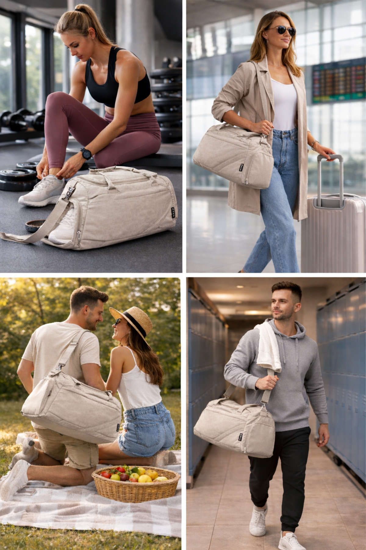 KAFF  Bej Krinkıl Kumaş Ayakkabı Bölmeli 0818 Önü Cepli Su Geçirmez Omuz Askılı Spor Ve Seyahat Çantası - Görsel 9