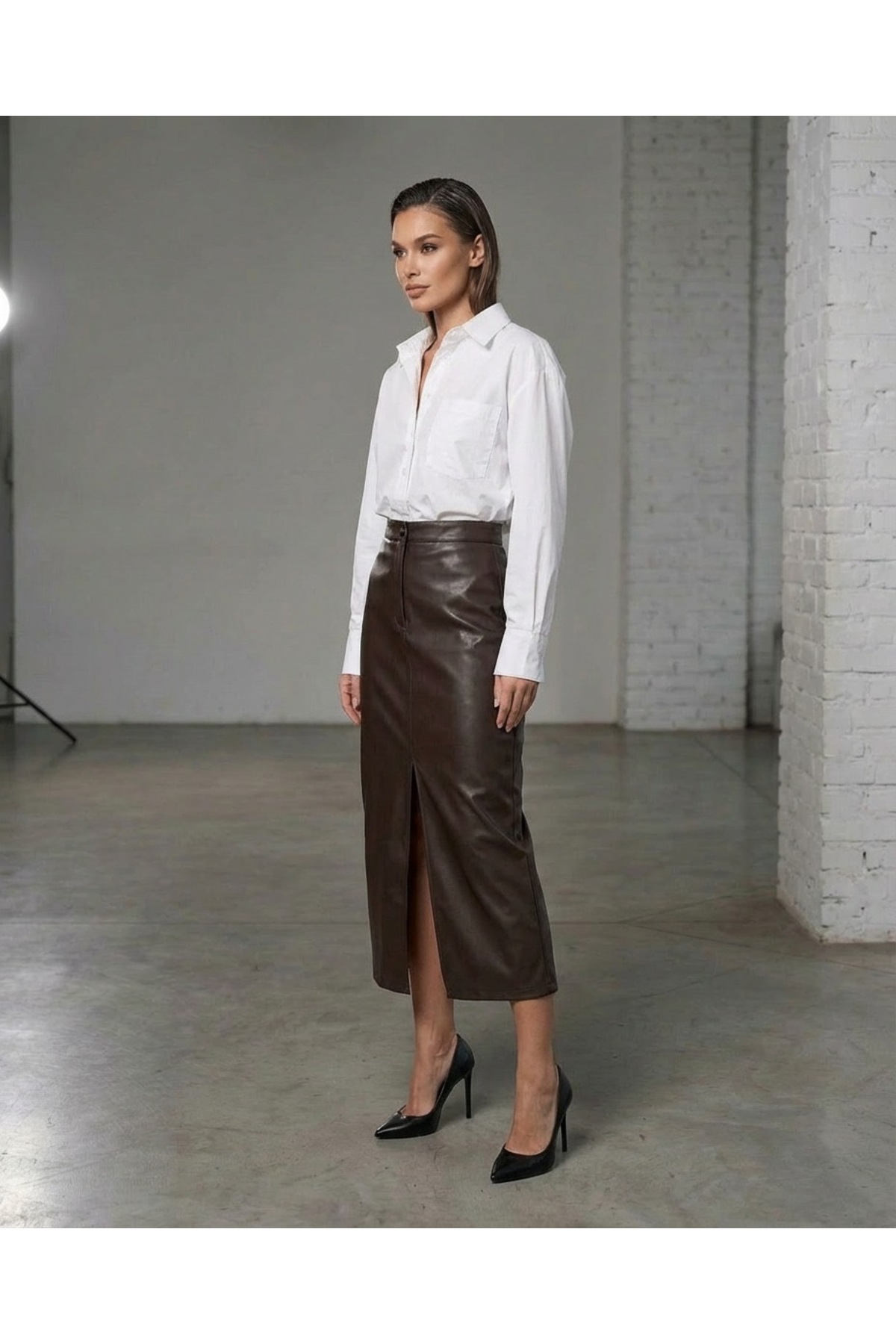 Grenj Fashion  Kahverengi Yırtmaçlı Suni Deri Yüksek Bel Maxi Etek - Görsel 6