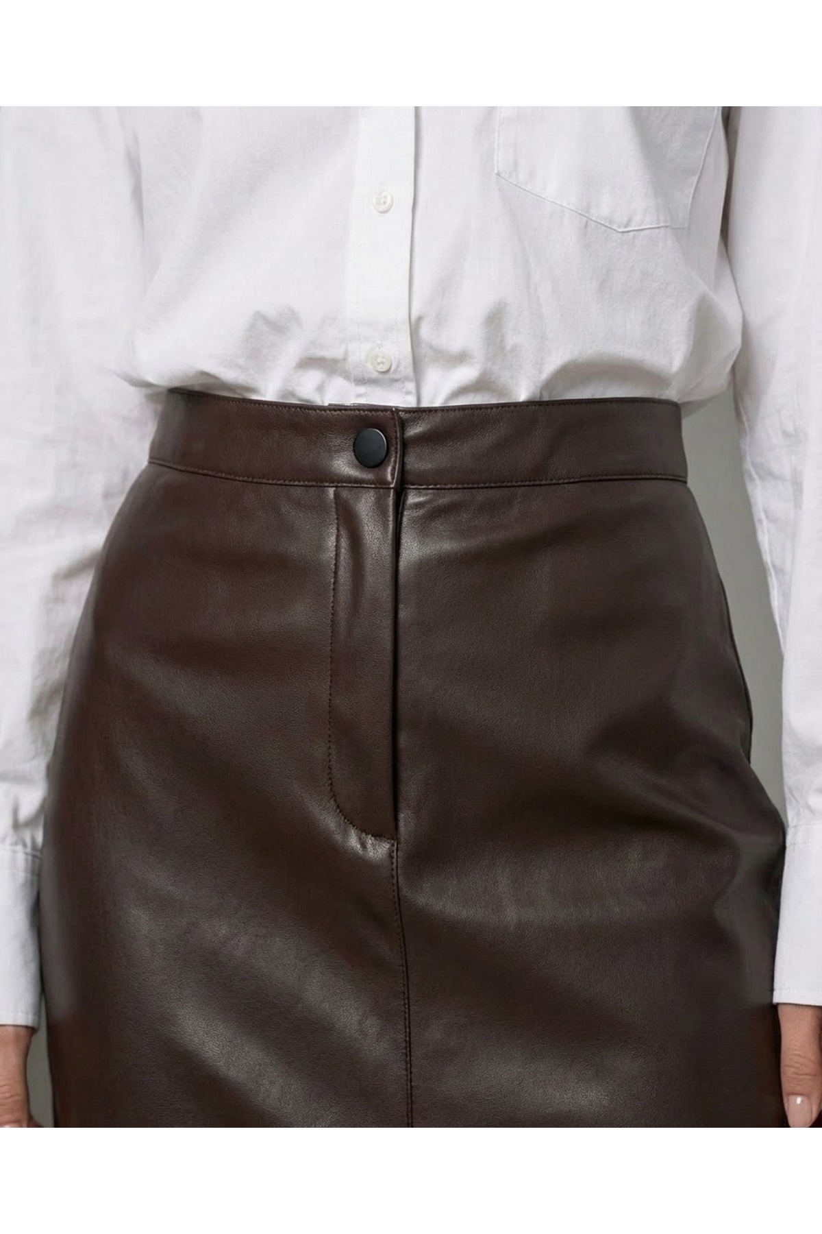 Grenj Fashion  Kahverengi Yırtmaçlı Suni Deri Yüksek Bel Maxi Etek - Görsel 3