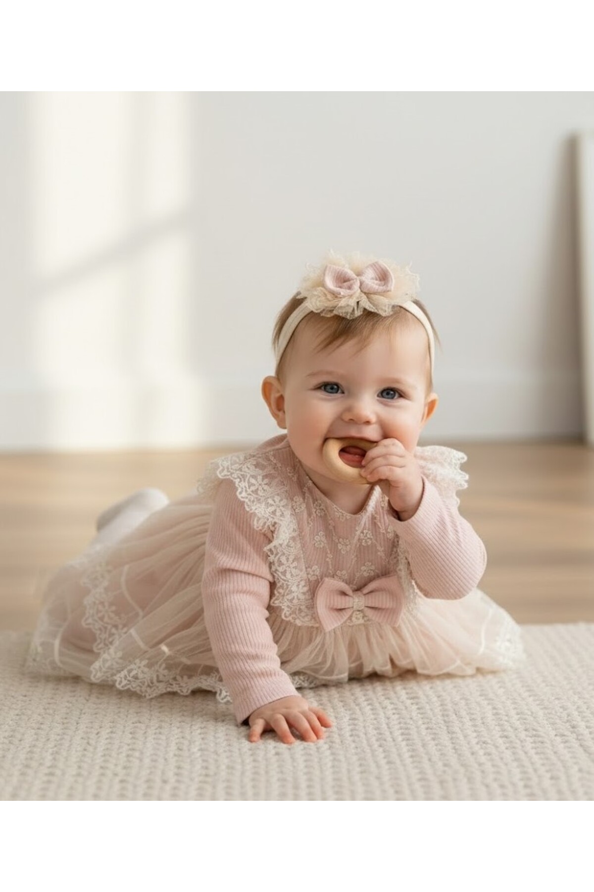 MİNİBORN YENİ DOĞAN KIZ UZUN KOLLU PUDRA  RAPORLU ETEK TÜL DETAY LİTTLE DREAM ELBİSE SET fotoğrafı 2 (önizleme)