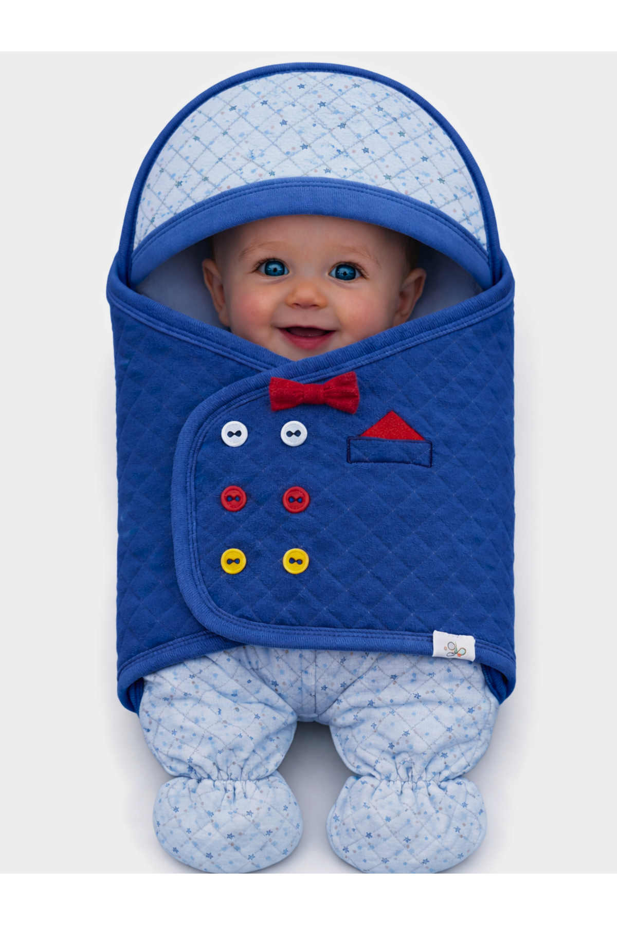 Tomuycuk %100 Pamuklu Mavi Erkek Bebek Kundak Battaniyesi Kapüşonlu Ayaklı Yenidoğan Puset Kundağı fotoğrafı 2 (önizleme)