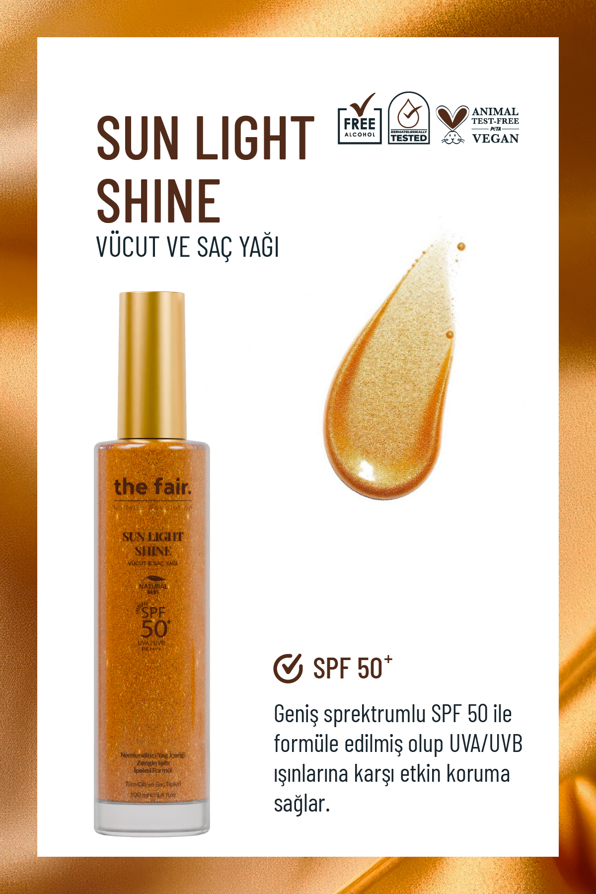 the fair. Sun Light Shine Spf 50+ /PA++++ Parıltılı Güneş Koruyucu Vücut Ve Saç Yağı 130 ml — THEFAIRSET58-A — تصویر 3 از 6